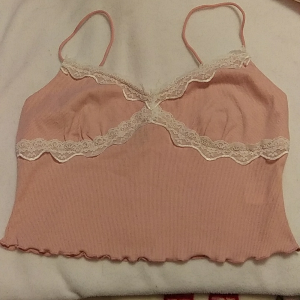 Shein Crop Top. Size L. Color Pink with White Lace Trim.
